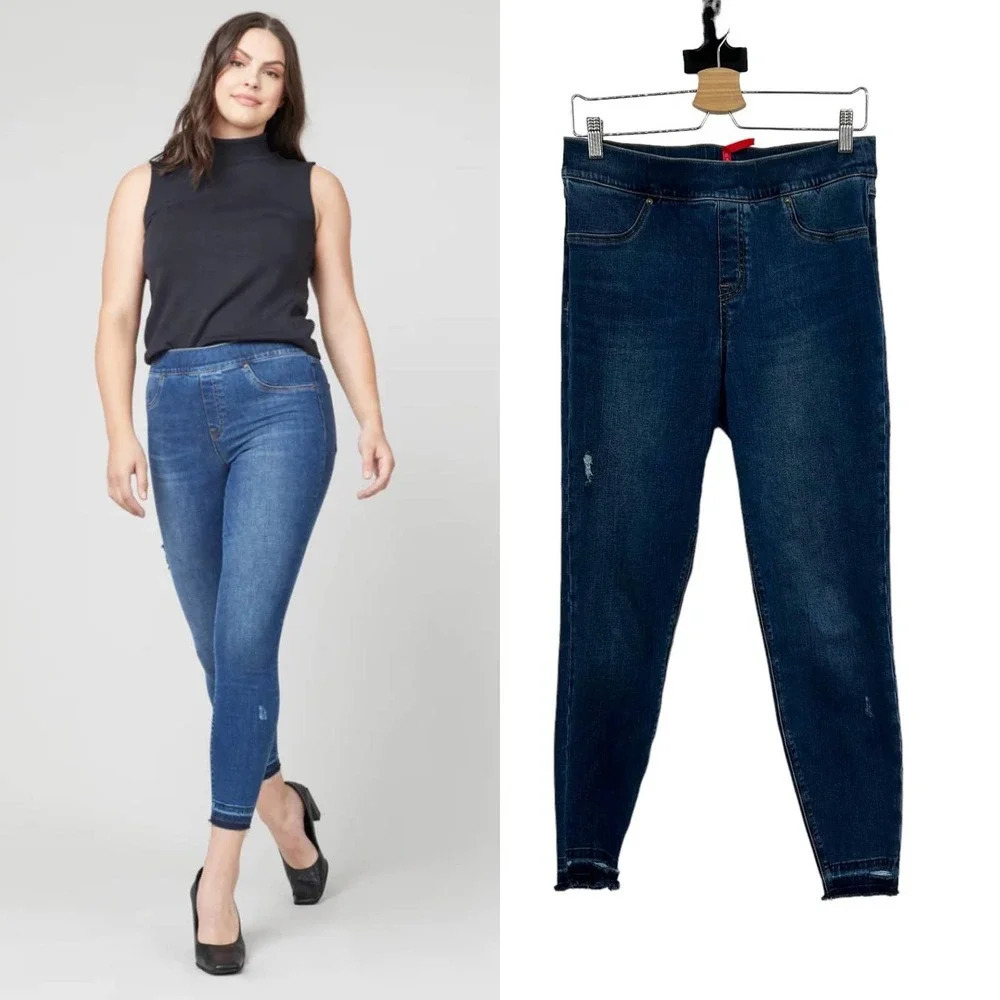 Spanx Distressed Ankle Skinny Jeans Medium Wash Blue Size Large‎